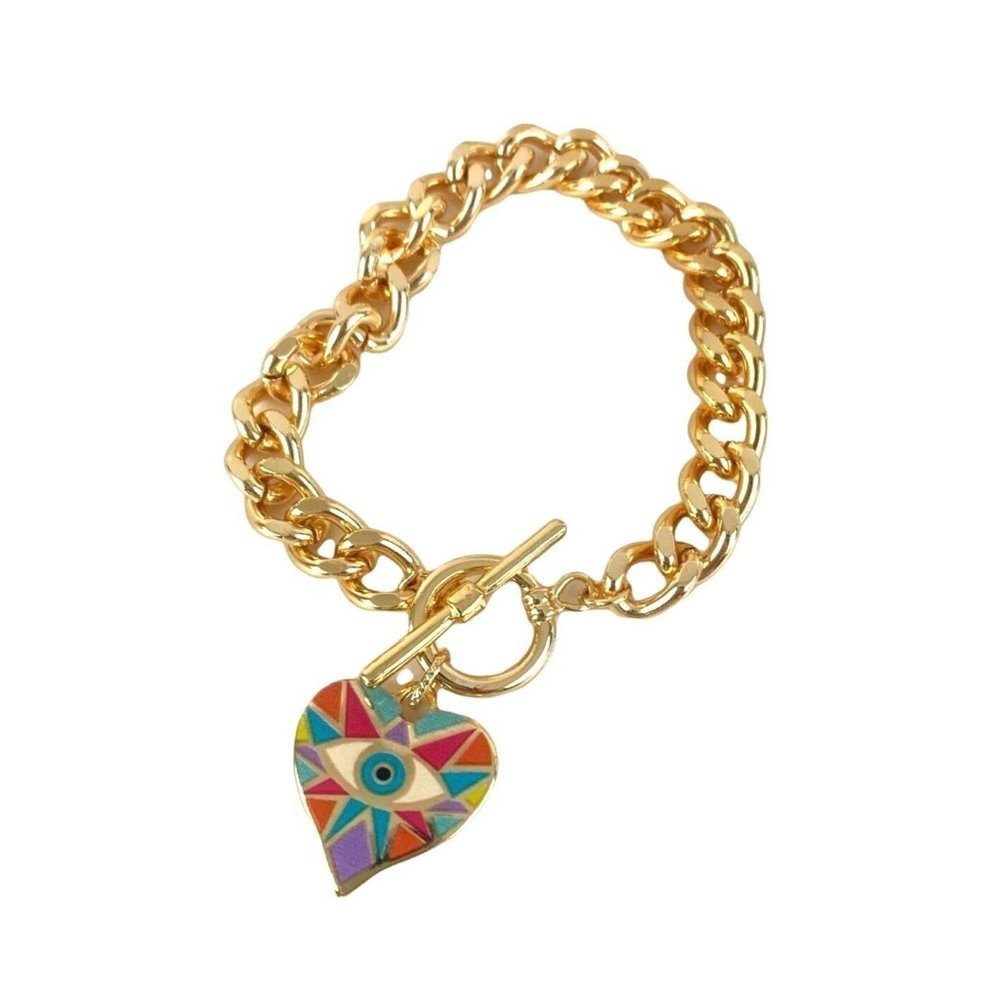 Evil Eye Mosaic Heart Charm Bracelet with Toggle Closure Made in Turkey - Picture 2 of 3
